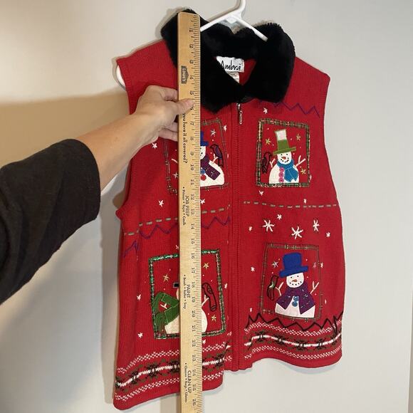 VTG AMBRA Christmas Sweater Vest Women XL Red Embroidered Snowman Faux Fur - Picture 3 of 6